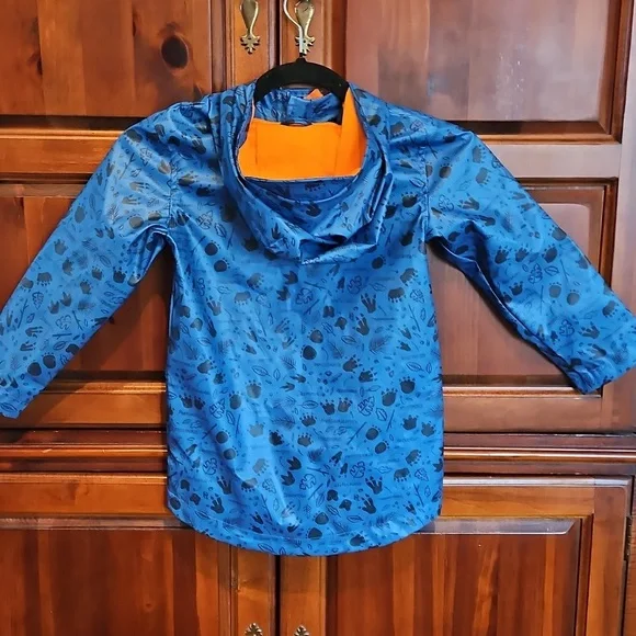 Blue Kids Rain Jacket with Orange Lining, Dinosaur Pattern, 4T - Picture 7 of 8